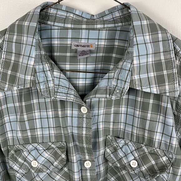 Carhartt Women’s Shirt Medium 8/10 Green Blue Plaid 3/4 Sleeves Button Up - Picture 2 of 7